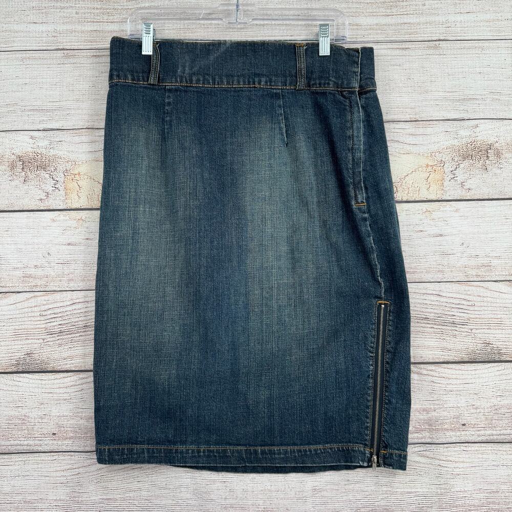 Vintage Y2K Bisou Bisou Denim Midi Skirt Womens 14 Blue Medium Wash Side Zip Hem